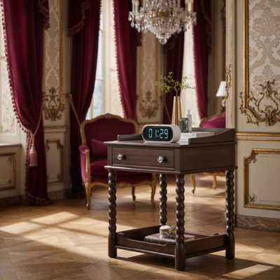 Table de chevet de style rétro avec tiroir et tablette ouverte pour la chambre à coucher, table de chevet avec pieds tournés et poignée en métal, noyer
