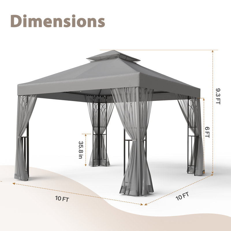 10 pi. L 10 pi. D Pavillon de jardin en acier thermolaqué, Gris