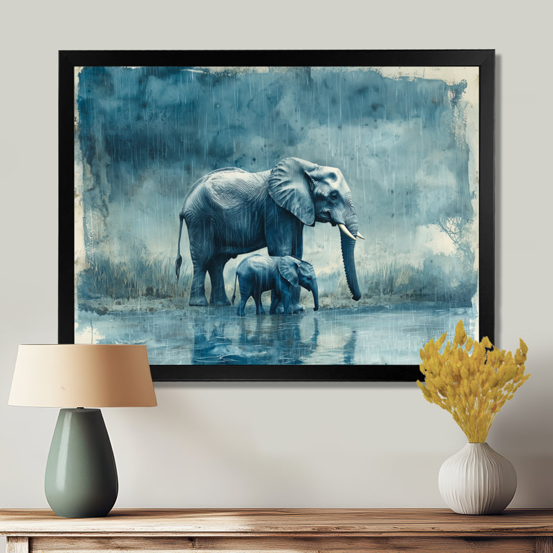 Éléphant Guffey et son veau sous la pluie - éléphant, art mural, Reproduction encadrée d'une seule photo, Noir