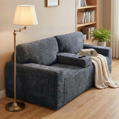 91.7" No-Leg Compression Sofa,with Built-in Cup Holders and Side Storage Pocket for Living Room