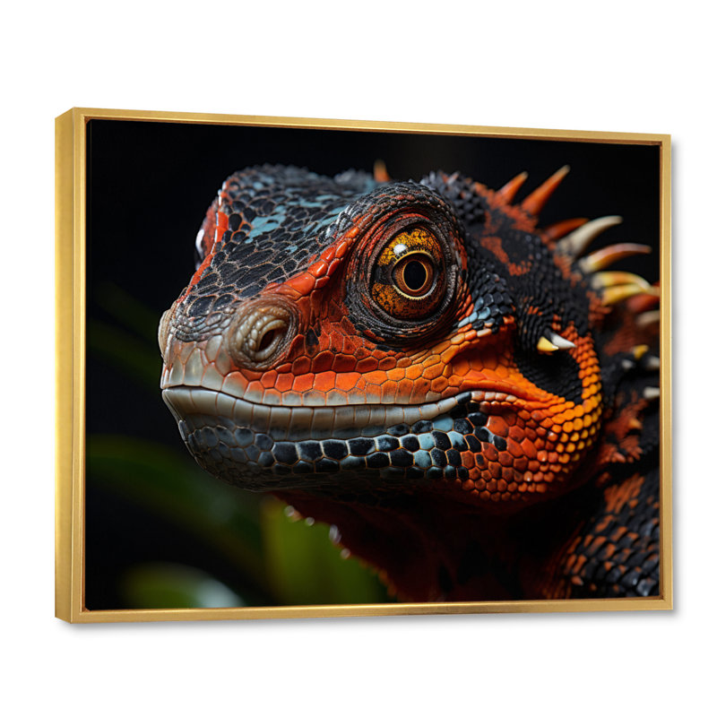 Portrait d'amphibien orange reptile, 16" H x 32" W, Cadre flottant doré