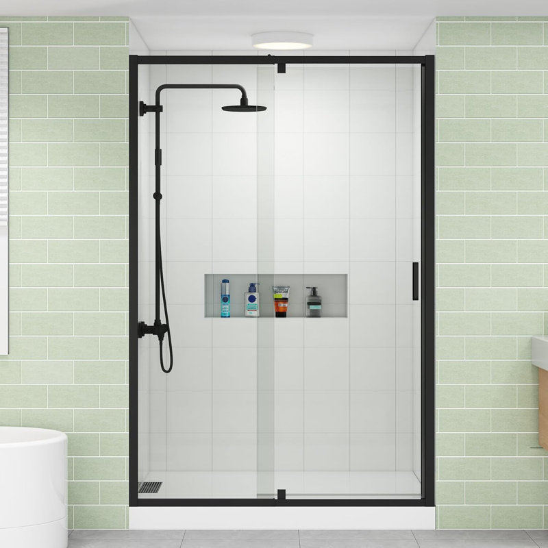 Porte de douche sans cadre l 44 à 48 po x H 76 po avec verre trempé transparent de 1/4 po, Noir mat