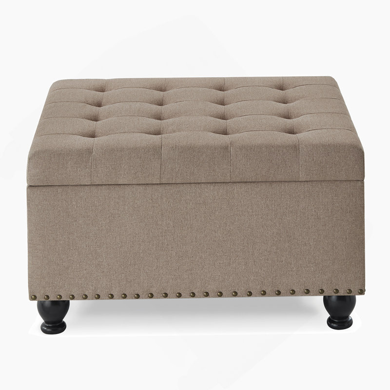 Large Square Storage Ottoman With Wooden Legs, Upholstered Button Tufted Coffee Table, Linen