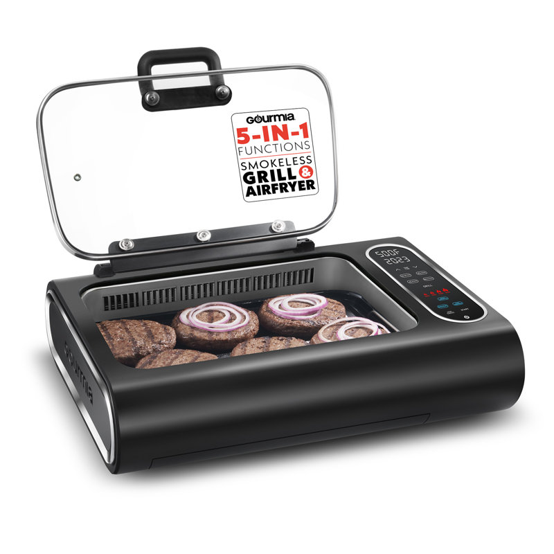 Gourmia 5-in-1 Smokeless Indoor Grill & Air Fryer Food Station with Smoke Extractor, Multiple Cooking Modes, Dishwasher-Safe Parts, 1650W