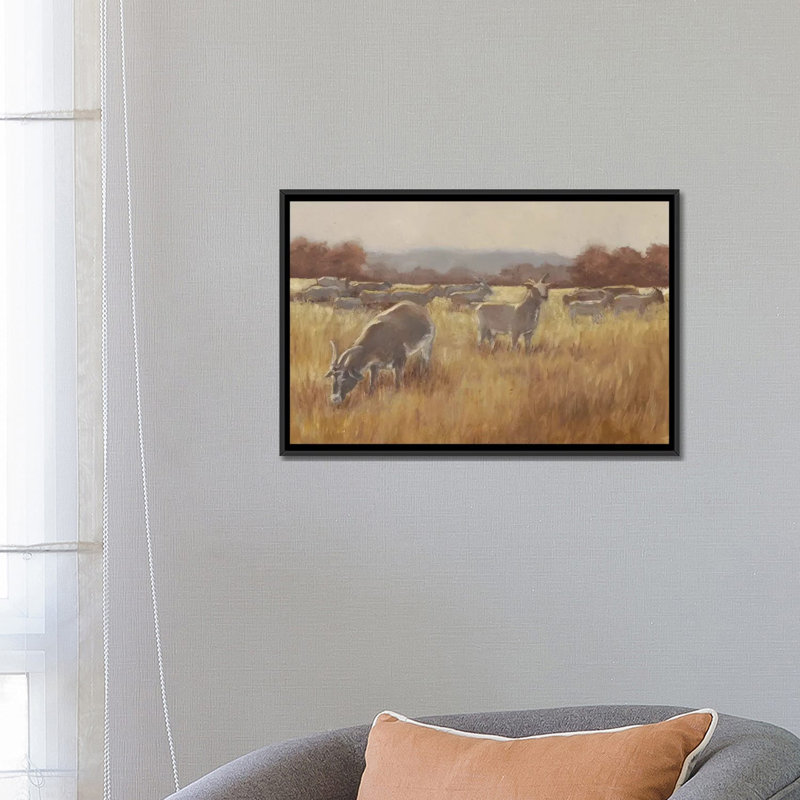 Reproduction d’art, "pâturage chèvres II" par Ethan Harper, H 18 po x l 26 po x P 1,5 po, Toile avec cadre noir, Pas de tapis