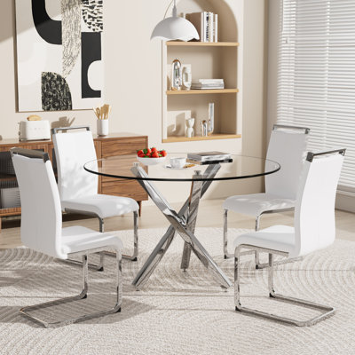 Dining Table Set, Tempered Glass Round Table and 4 Upholstered Dining Chairs. by Ivy Bronx