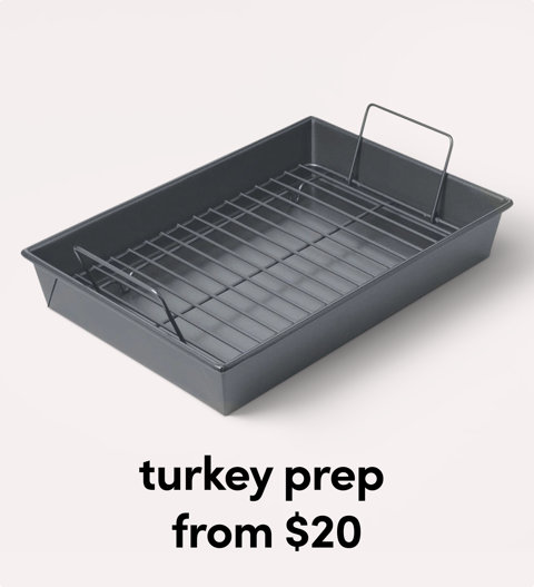 Dark metal roasting pan for turkey prep.