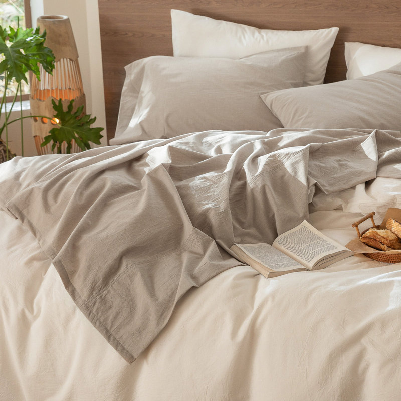 MooMee Flat Sheet 100% Washed Cotton Linen Like Textured Breathable Lightweight, Tannish Gray, Queen Flat Sheet