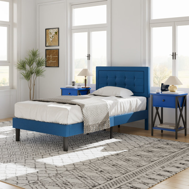 Ensemble de chambre à coucher rembourrée 3 pièces, Bleu très foncé, Lit simple