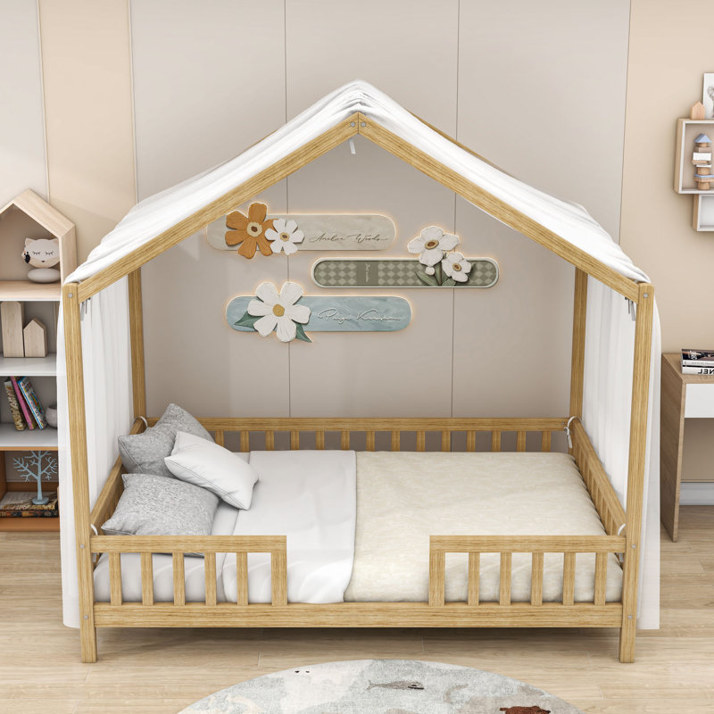 Montessori Wood Platform House Bed With Railings, Natural, Full