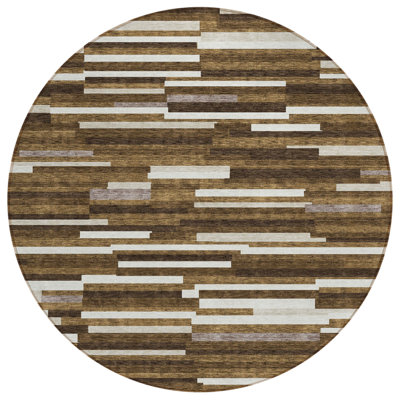 8' Brown And Ivory Round Striped Washable Indoor Outdoor Area Rug