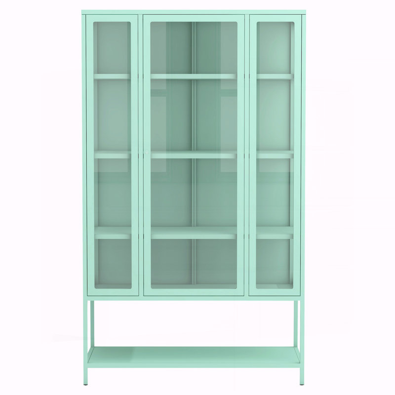 67.25'' Tall Iron Display Cabinet with Glass Door and LED Lights, Cyan