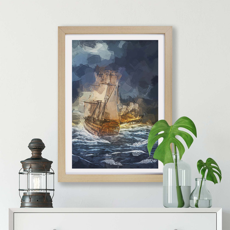Naval Battle Ship at War in Abstract - Framed Print, 45cm H x 63cm W x 2cm D, Oak