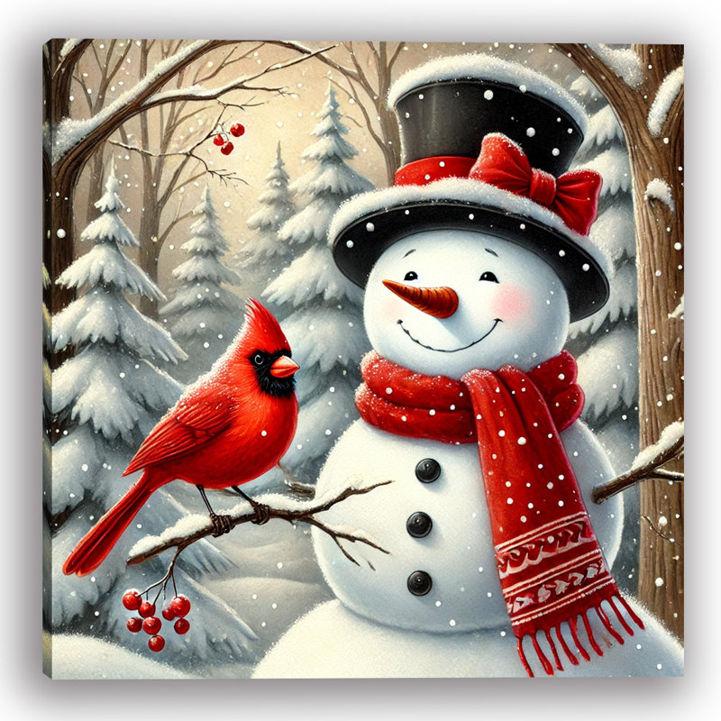 «Winter's Merry Invité: Bonhomme de neige et cardinal dans un bois enneigé», H 40 po x l 40 po x P 1,5 po