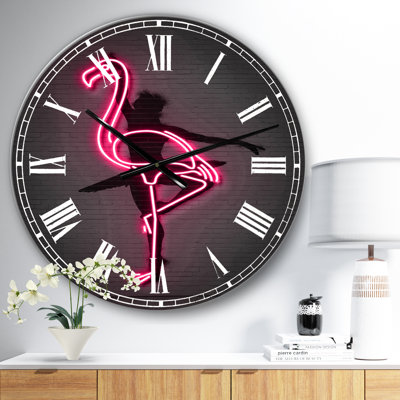 Neon Pink Flamingo And Ballerina Metal Wall Clock