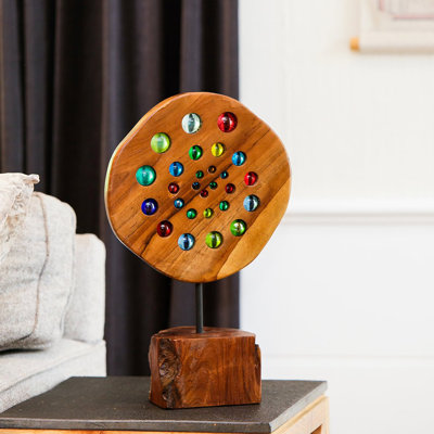 Teak Slab with Glass Ball on Stand 20"H