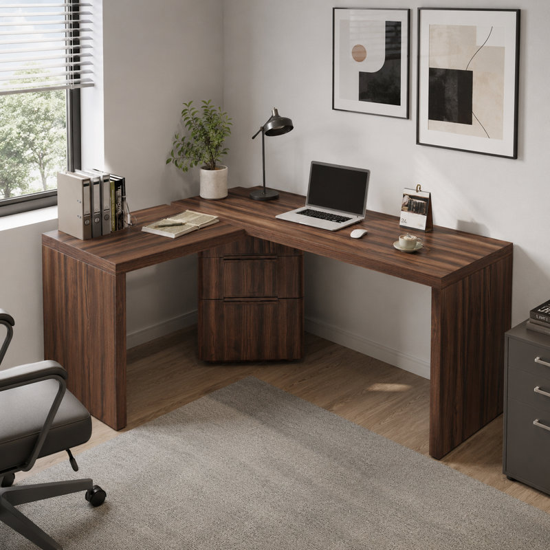 Bureau moderne en L 90 po en noyer avec 3 tiroirs, bureau pivotant à 360 ° en bois, bureau de direction, bureau d'angle, poste de travail de bureau, pour le bureau à domicile ou le salon
