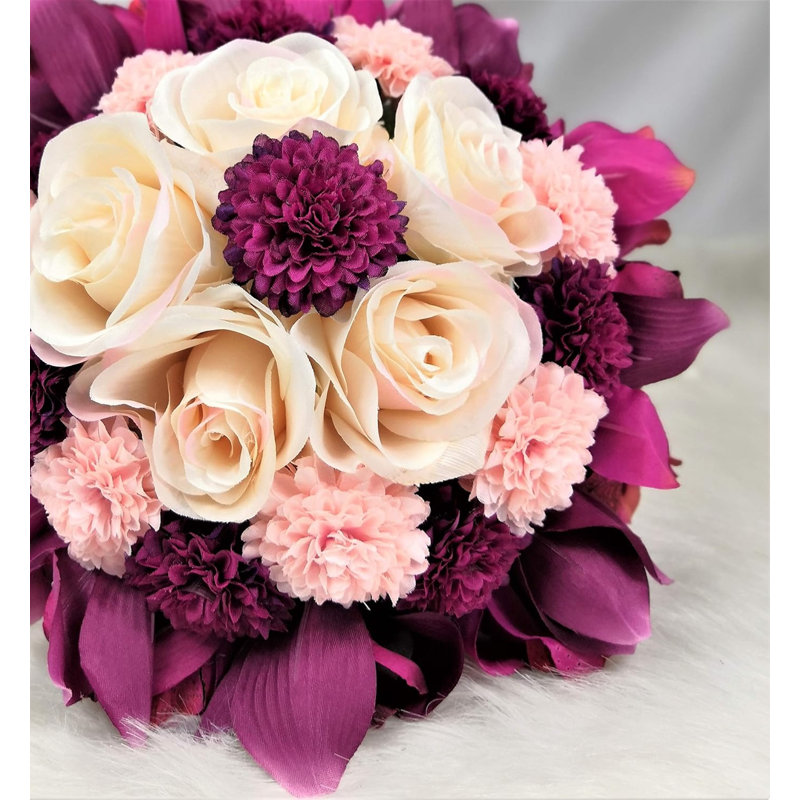 Bouquet d'orchidées artificielles avec œillets et ruban de strass, Rose et magenta