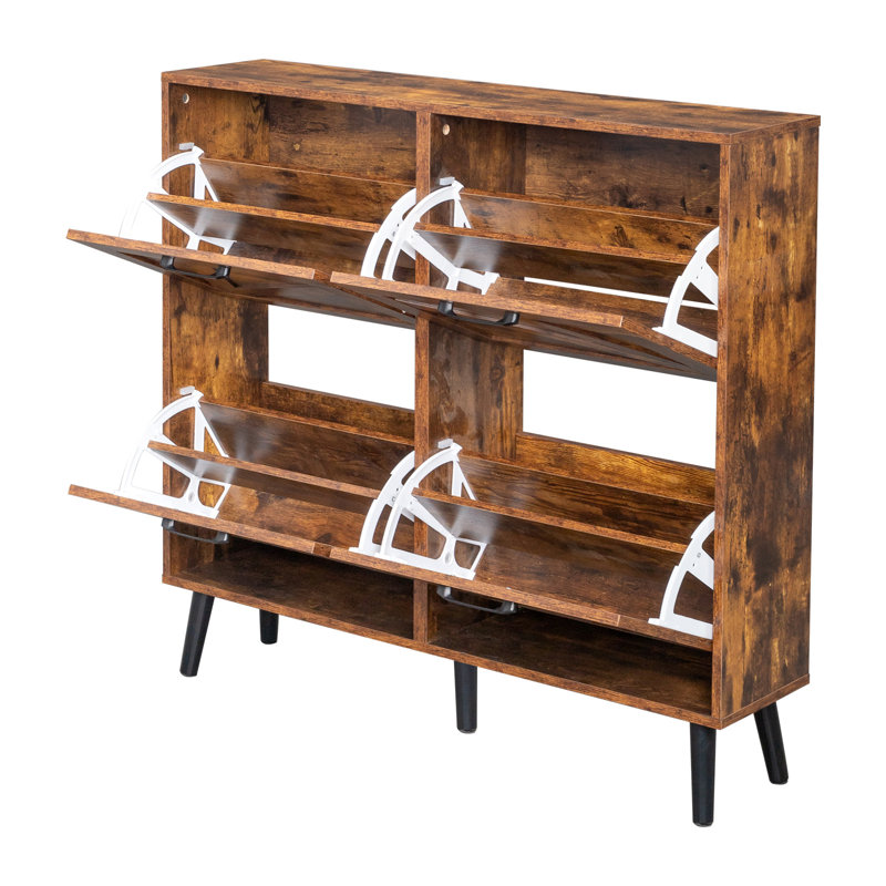 Barn Door 4 Flip Black Handles Melamine Particleboard Black Legs Shoe Cabinet 41.7In Weathered Wood, Weathered Wood