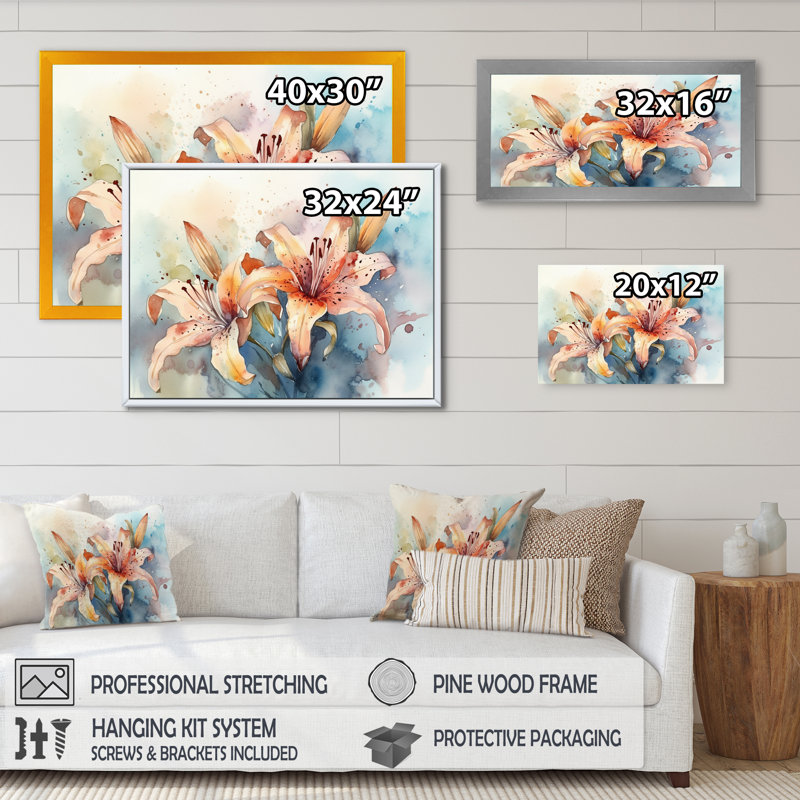 «Orange Lily Symphony I» sur toile, Cadre simple noir, H 12 po x l 20 po x P 1 po