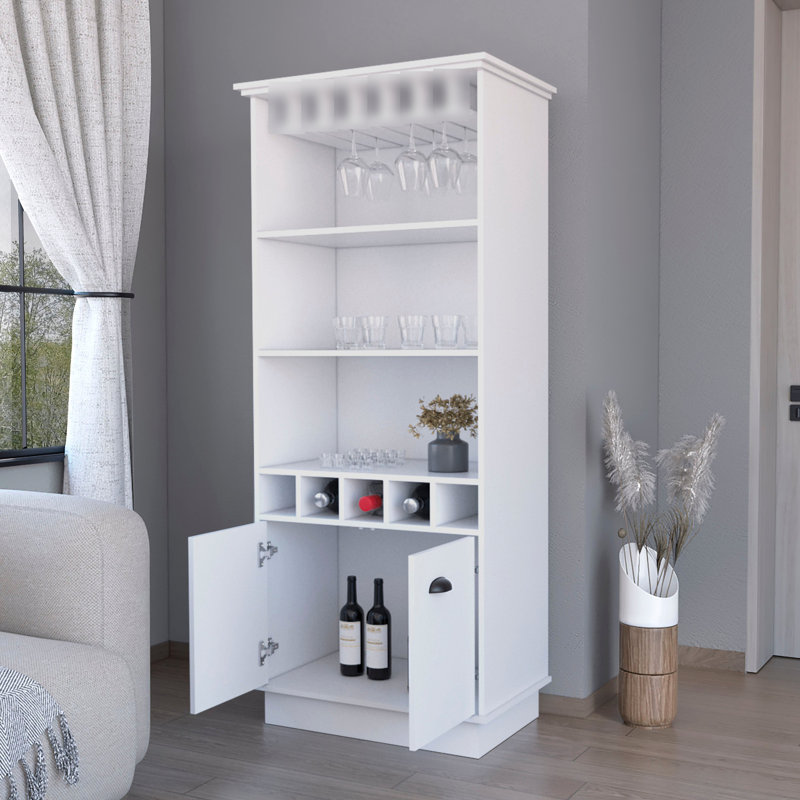 Spacious White Bar Cabinet For Supplies Storage - 3 Shelves, 5 Bottle , Glassware Stand With Organized Interior Design Shelf