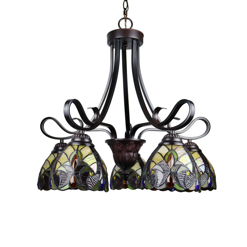 Grand lustre 5 lumières en bronze foncé de style victorien Bloomsbury Market de style Tiffany de 24 po de large