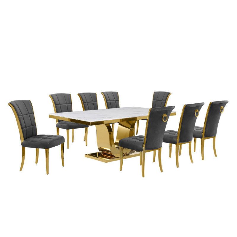 Horrace Marble Top Pedestal Dining Set, Gray/Gold, 9