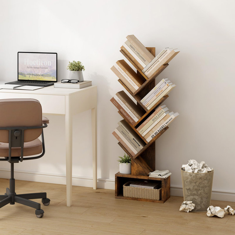 Vintage 6-Tier Tree Bookshelf With Drawer - Waterproof & Scratch Resistant, Walnut