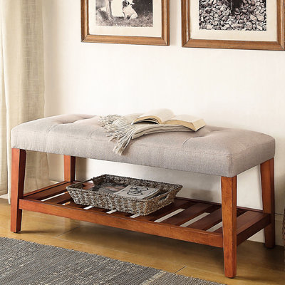 Grey Fabric Bench, Oak Tapered Legs, Slatted Shelf, Padded Seat Cushion Upholstered Shelf Storage, Design