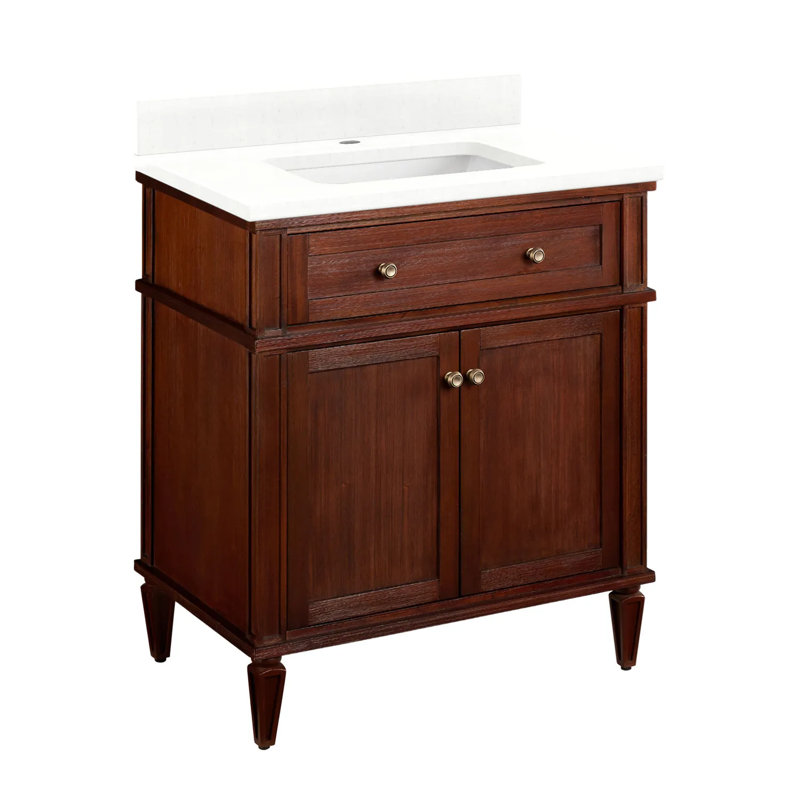 30" Elmdale Single Bathroom Vanity Set with Rectangular Undermount Sink, Feathered White Quartz, Single Hole, Antique Brown