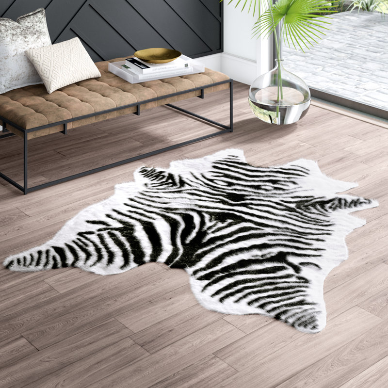 Lilianna Faux Cowhide White and Black Zebra Print Rug, Novelty 5' x 6'6"