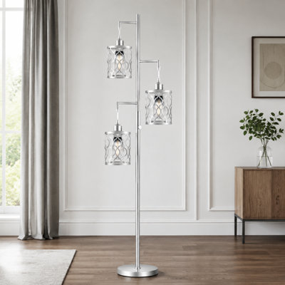 Dimmable 68" industrial farmhouse tree floor lamp in silver, designed for living rooms, bedrooms, offices, and bars; the rustic 3-light standing fixture comes with 3 PCS 6W Edison bulbs.