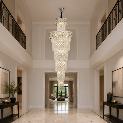 42-Light K9 Crystal Waterfall Staircase Chandelier for Foyer & High Ceilings