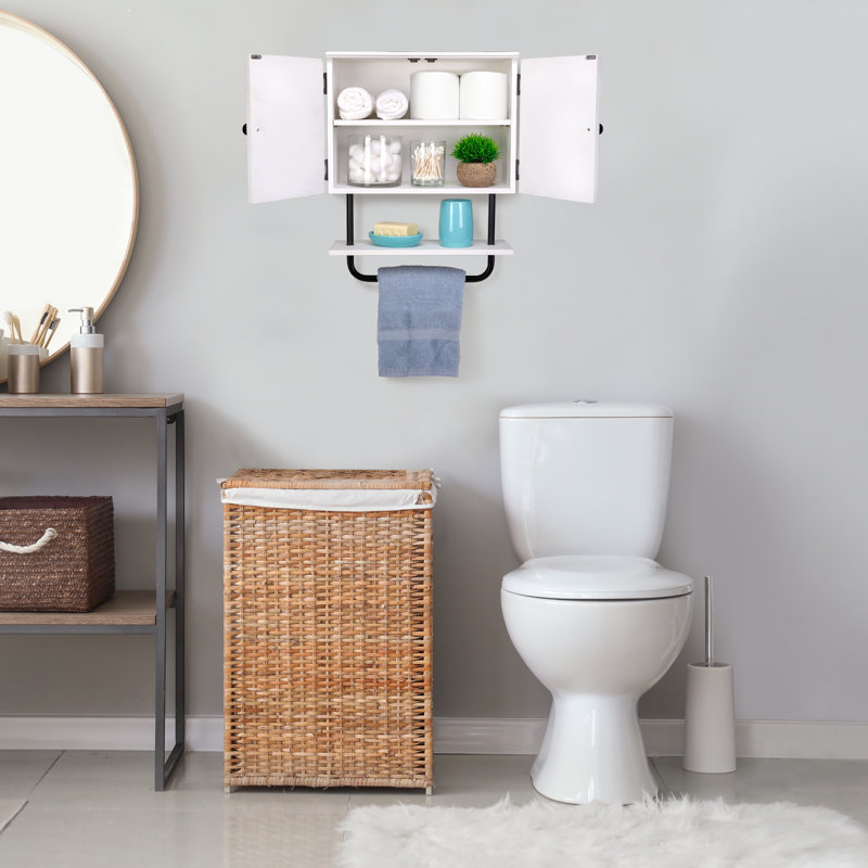 Barndoor Bathroom Cabinet Wall Mounted with Towel Bar, Bathroom Wall Storage Organizer, 17" x 21" Space-Saving Design, White