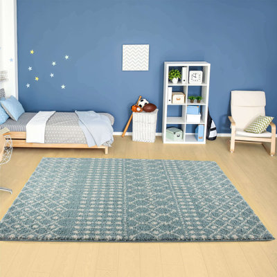 Moroccan Shaggy Collection Rugs Tangier Design in Duck Egg Blue/Ivory