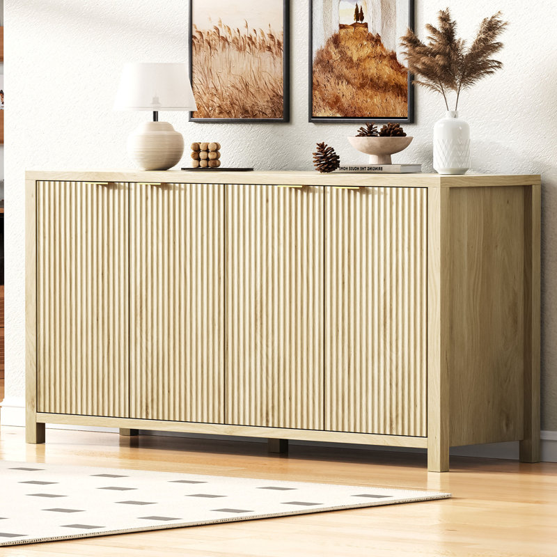 Buffet 55 po cannelé avec rangement, armoire de rangement Farmhouse 4 portes, buffet avec tablettes réglables, Tanné