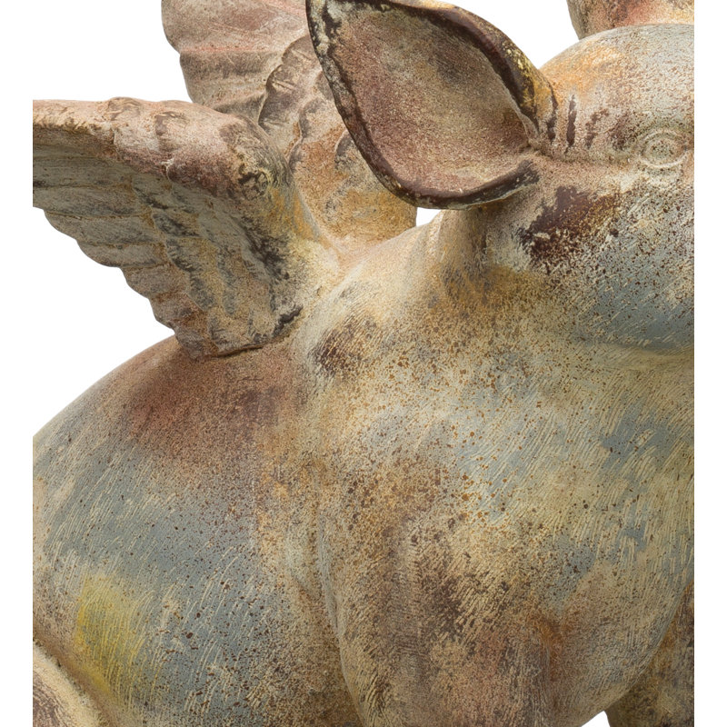 Rustic Brown and Blue Handcrafted Flying Pig Statue 11"