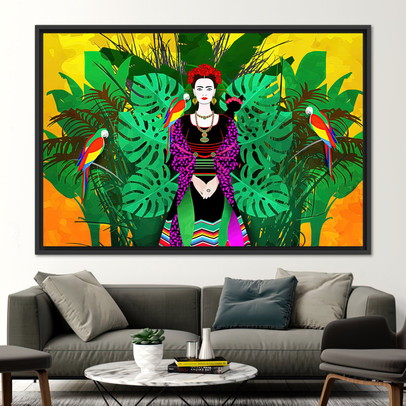 Frida Kahlo, art mural perroquet sur le thème, impression sur toile, H 41 po x l 94 po, Noir