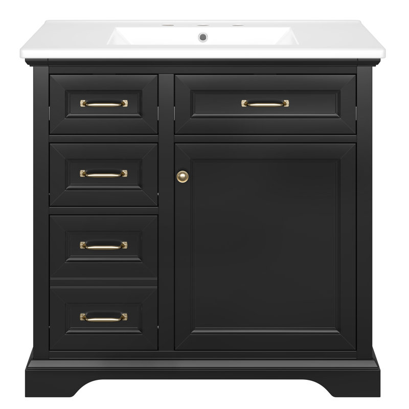 Meuble-lavabo autoportant de 36 po avec comptoir en céramique, porte à fermeture douce et 4 tiroirs pré-percés pour robinet de 8 po | Idée de cadeau