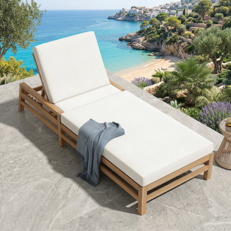Light Teak Outdoor Lounge Chair, Made Of Solid Wood With Five Adjustable Positions, Thick Cushion For Added Comfort, Weather-Resistant And Sun-Protective, Suitable For Balconies, Gardens, And Swimming Pools.