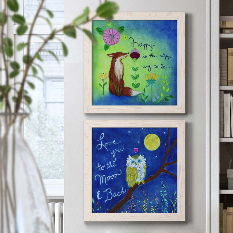 Happy Fox - Ensemble de 2 encadrements d'art textuel sur toile, H 17 po x l 34 po x P 1,5 po, Cadre blanc