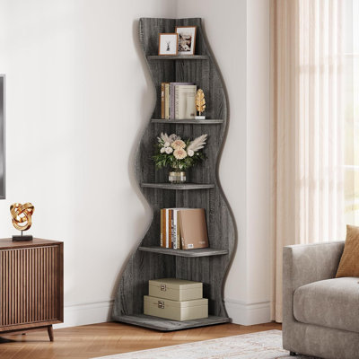 69.8"Height 5-Tier Wavy Gray Corner Bookshelf and Plant Stand for Living Room Small Space