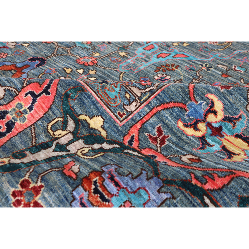 Hand Knotted Wool Area Rug in Blue