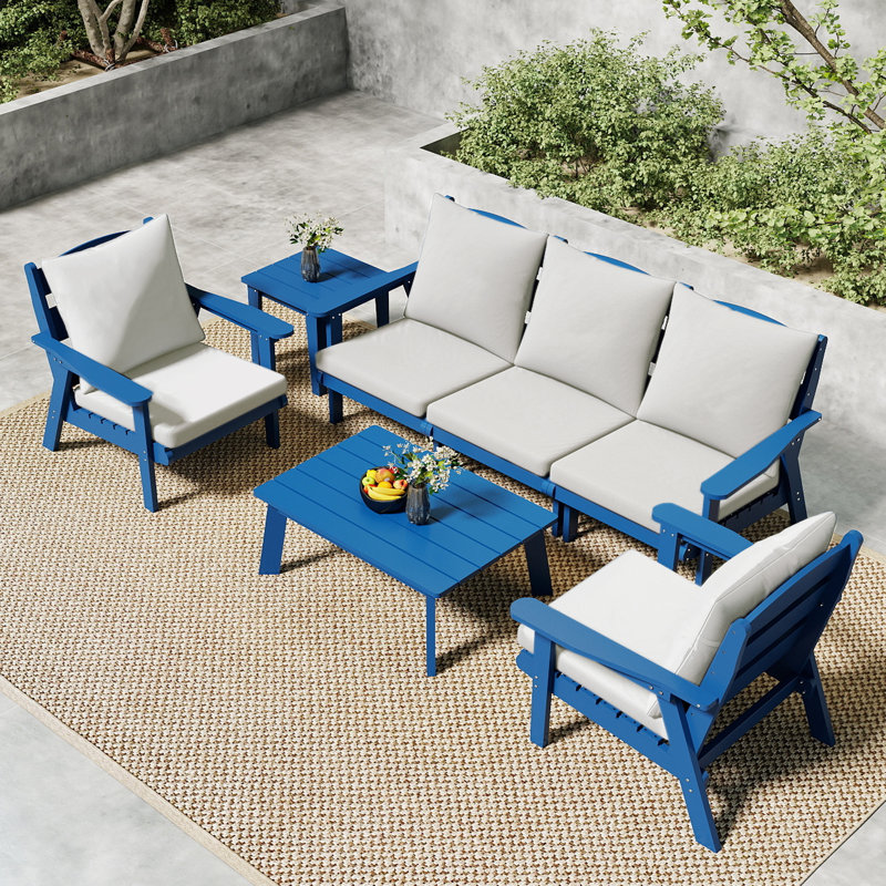 Ensemble de conversation pour patio 7 pièces avec coussins Hdpe, White, Blue