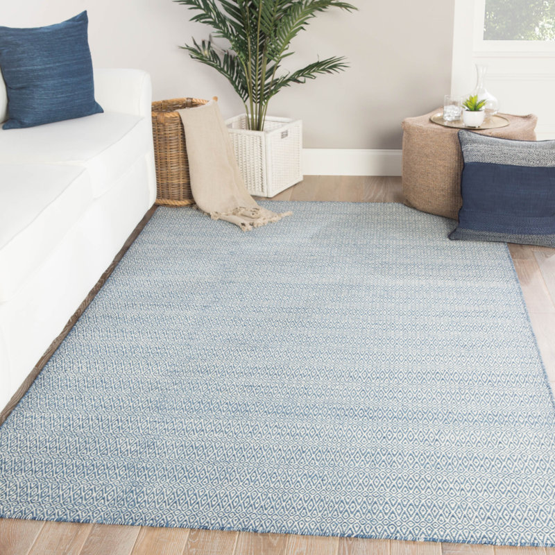 Tapis géométrique bleu / ivoire en laine tissé à plat à la main Gargano, Rectangle 5 pi x 8 pi