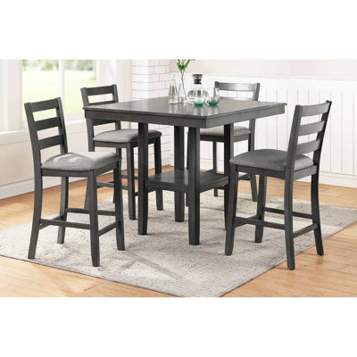 Classic Dining Room Furniture Gray Finish Counter Height 5Pc Set Square Dining Table W Shelves Cushion Seat Ladder Back High Chairs Solid Wood