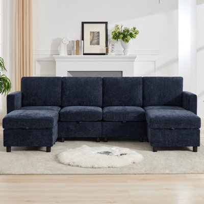 6 - Piece 107" Upholstered U Shape Sofa with Convertible Ottomans, Under-Seat-Storage