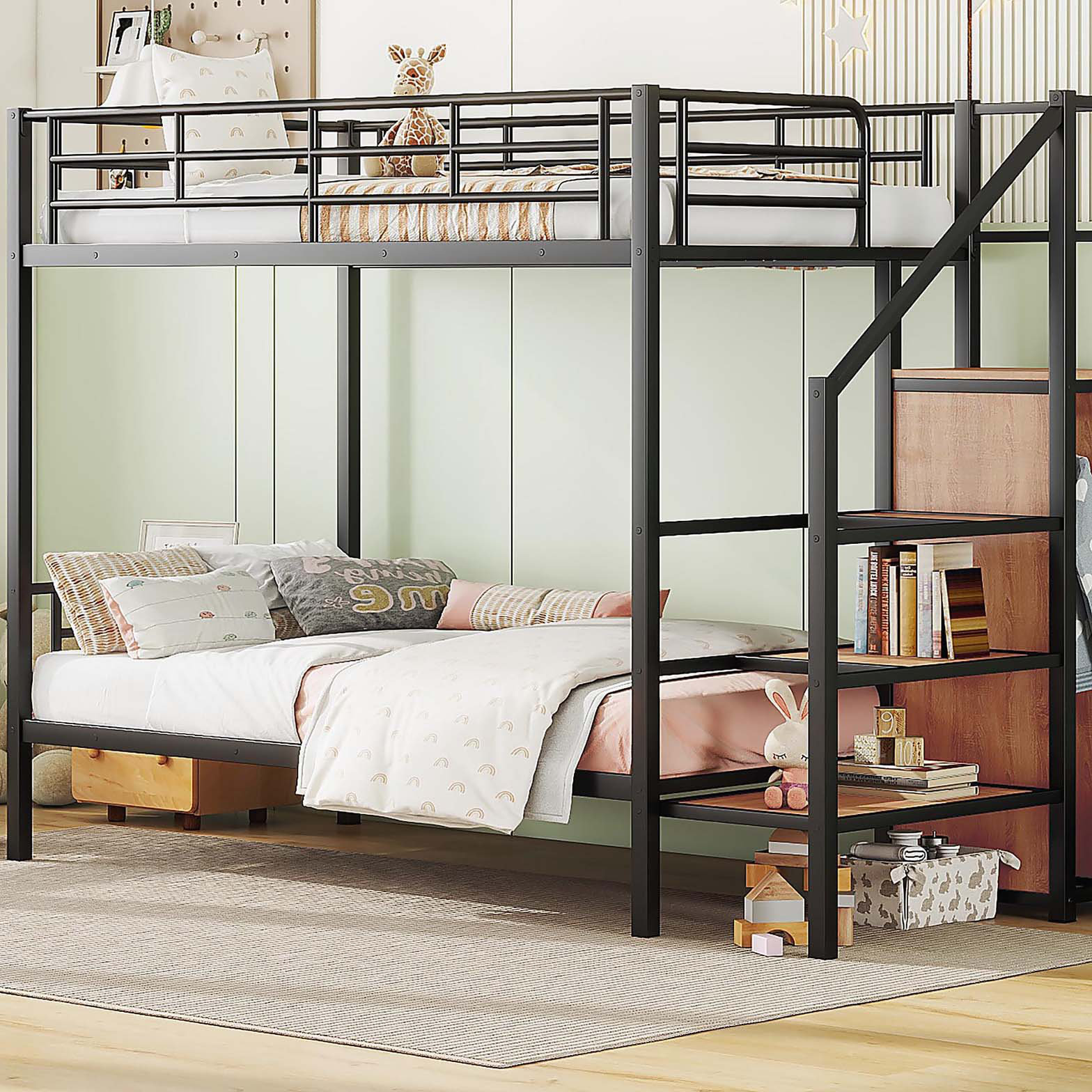 17 Stories Twin Over Twin Metal Bunk Bed with Lateral Storage Ladder ...