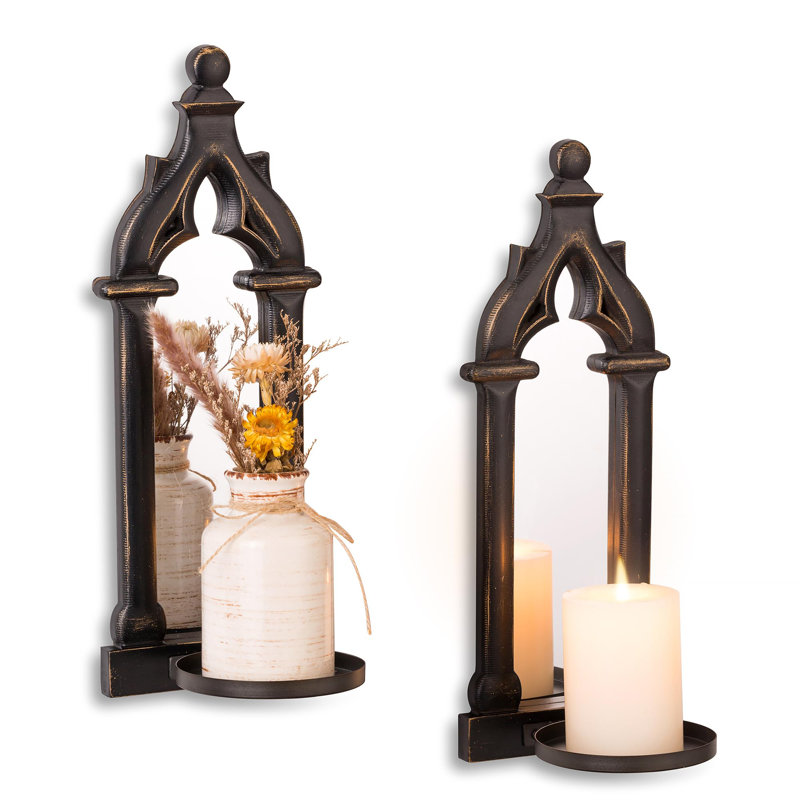 Candle Sconces Black Wall Decor - Gothic Wood Candle Holder - Mirror Farmhouse Candles Sconce Set Of 2