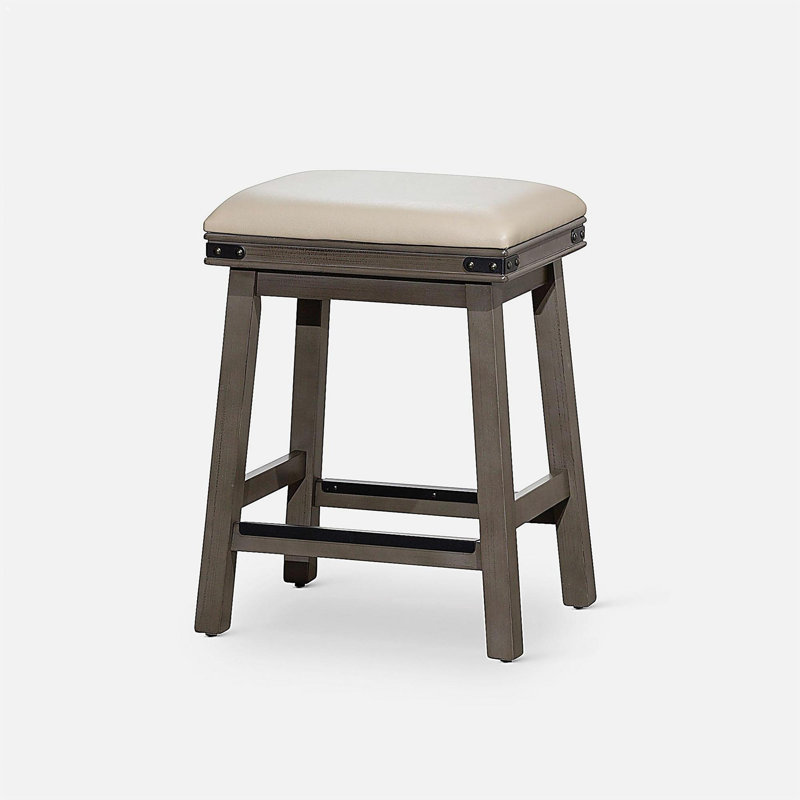 Tabouret de bar 24 po, traitement de surface gris patiné, siège en cuir gris français